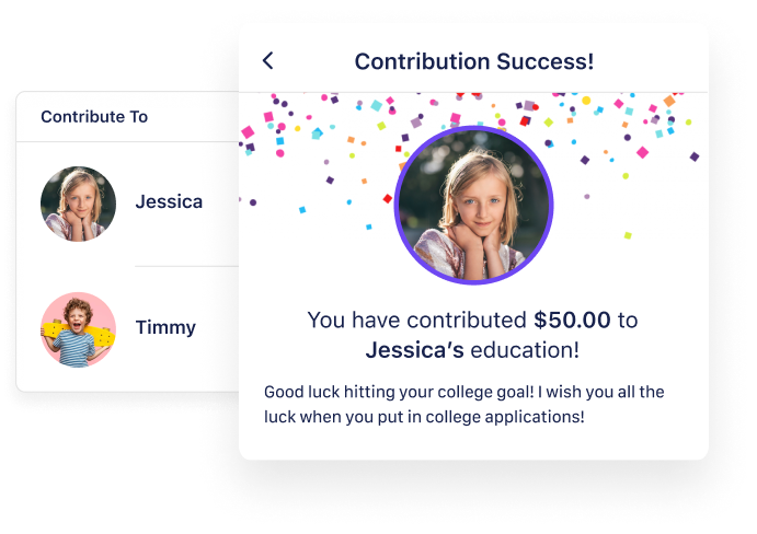 A successful contribution to a beneficiary named Jessica for $50